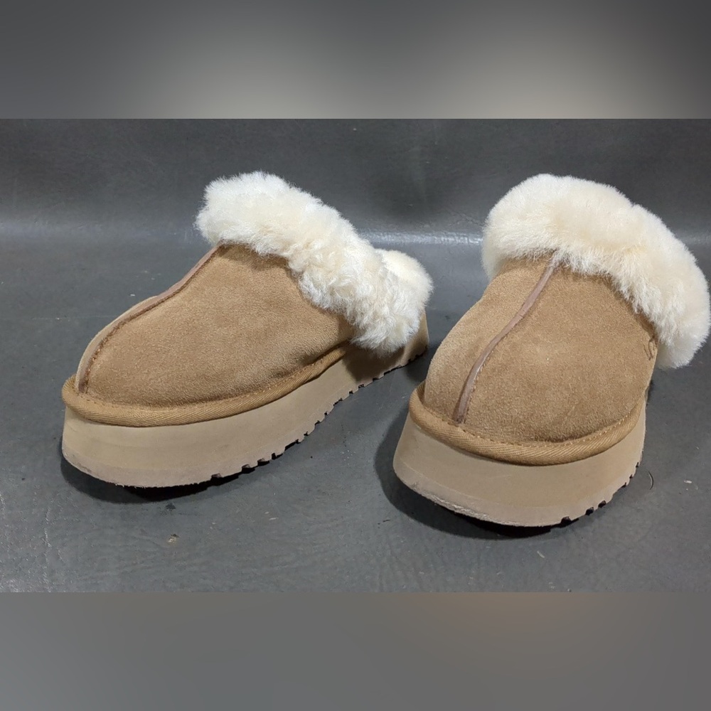 UGG Tan Suede Shearling-Lined Platform Clog Slippers